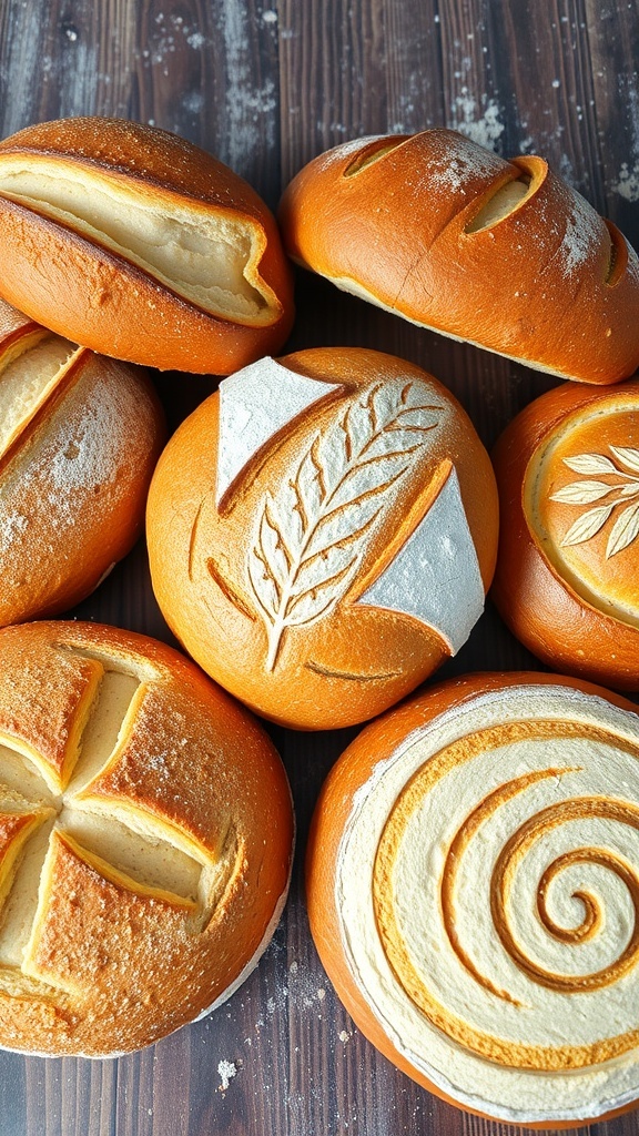 Freshly baked bread loaves with various scoring designs on a wooden table.